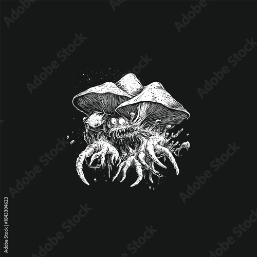 vintage engraving style illustration of a cluster of wild mushrooms with intricate roots and stems, growing from the ground