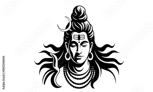 Majestic Lord Shiva Face Line Art with Traditional Jata and Trishul Mark, Intricate Hindu God Shiva Head Illustration in Black Ink on White Background, Spiritual Mahadev Vector Graphic for Religious 