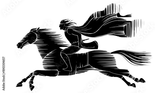 Dynamic Black Silhouette of Galloping Horse with Caped Rider in Motion, Abstract Speed Lines Equestrian Vector Illustration on White Background, Dramatic Heroic Horseman Graphics for Bold Designs