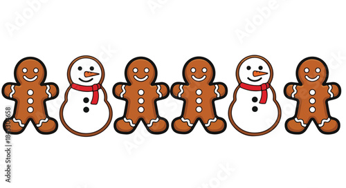 A row of five gingerbread men and one snowman with red scarves on a plain white background in a flat lay composition with a playful holiday theme.
