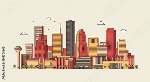 Illustration of a stylized city skyline with modern buildings and skyscrapers in warm colors against a light beige background with minimal clouds.