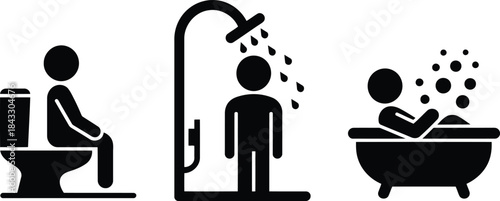 Black human figures depicting essential bathroom activities like using the toilet and showering