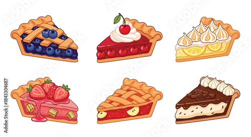Flat lay illustration of six colorful pie slices with various toppings on a white background.
