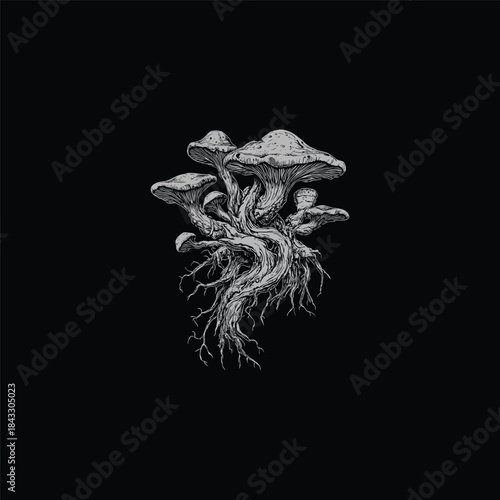 vintage engraving style illustration of a cluster of wild mushrooms with intricate roots and stems, growing from the ground
