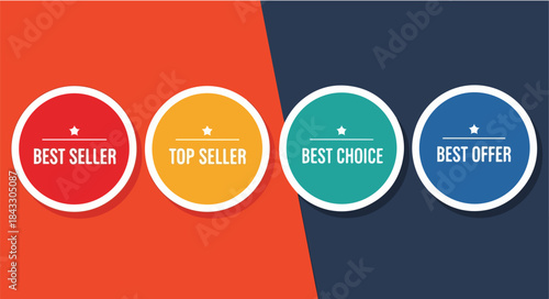 Graphic illustration of four colorful best seller labels on white circles with orange, dark blue, and white background.