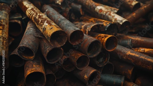 A heap of discarded metal pipes and beams heavily rusted