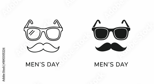 Black and white illustration of two men's faces with mustaches and glasses on Men's Day against a white background.