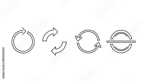 Collection of four simple black and white line art icons representing refresh reload repeat and circular process concepts