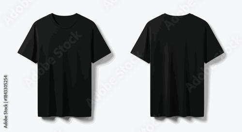 Two black short-sleeved T-shirts, one facing forward and one backward, on a plain white background with subtle shadows, showcasing the front and back views.