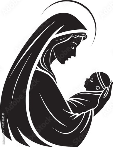 Minimal black silhouette of Virgin Mary holding infant Jesus nativity Christmas Christian symbol isolated on white background vector illustration