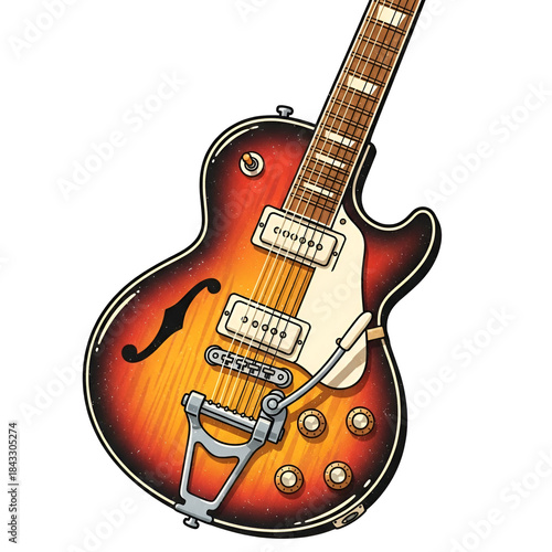 Classic Orange Electric Guitar with F-Hole on Transparent Background