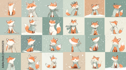Adorable fox illustrations in winter scarves and soft pastel backgrounds. Playful forest characters perfect for nursery design, kids decor, and charming seasonal artwork.