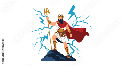 Powerful Greek god Zeus or Poseidon standing on a mountain holding a golden trident with lightning flashing in the background.