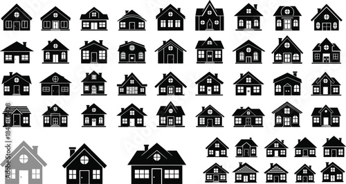 Diverse Vector Icon Set of Residential Buildings, Featuring Single Homes, Apartment Blocks, Trailer Caravan, and Eco-Friendly Green House Symbols, Perfect for Real Estate and Property Concepts.