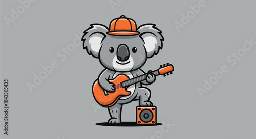 A cartoon koala wearing an orange cap plays an electric guitar with an amplifier against a gray background.