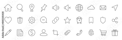 User interface outline icon set. Contain home, web, chat, location, search, setting, money, trash, gear, cloud, email, security, share, gift, send.