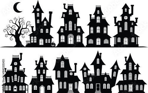 Diverse Vector Silhouette Set of Haunted Houses, Victorian Mansions, and Gothic Style Homes, Ideal for Halloween, Spooky Concepts, Scary Stories, and Horror Graphics.