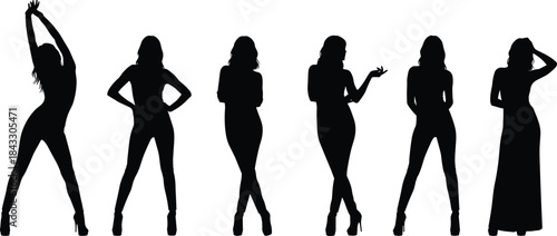 Diverse women group silhouette vector illustration, professional ladies and elegant models posing, representing fashion, business, confidence, or celebration, isolated on white background.
