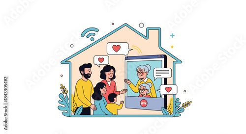 A happy family with children making a video call to their grandparents, staying connected online while at home during quarantine.