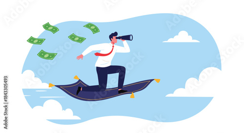 A businessman flying on a magic carpet while looking through binoculars for financial opportunities as money flies in the sky.