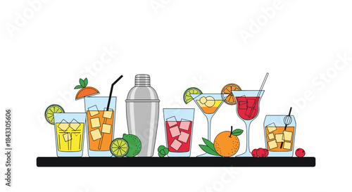 A colorful assortment of fresh summer cocktails and alcoholic drinks with a shaker on a bar counter, ready for a party.
