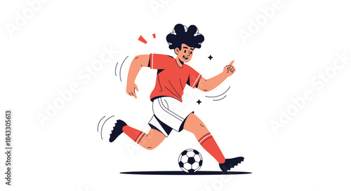 A dynamic and energetic young football player in a red jersey running and dribbling the soccer ball during a game or practice.