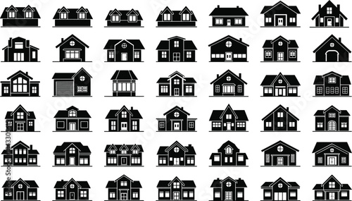 Extensive Vector Silhouette Set of Haunted Houses, Featuring Crooked, Spooky, and Victorian Gothic Style Mansions, Ideal for Halloween, Horror, and Ghost Story Graphics.