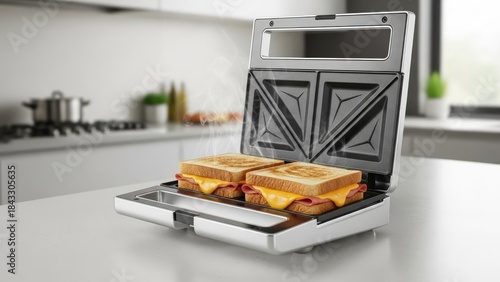 Open Silver Sandwich Maker with Two Grilled Cheese and Ham Sandwiches isolated on White Background