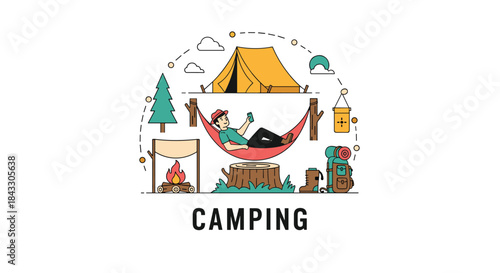 Wallpaper Mural A man relaxing in a hammock while camping in the woods, surrounded by a tent, campfire, and other outdoor adventure equipment. Torontodigital.ca