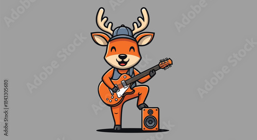 A cartoon deer character wearing a hat plays an electric guitar with an amplifier on a gray background in a graphic illustration.