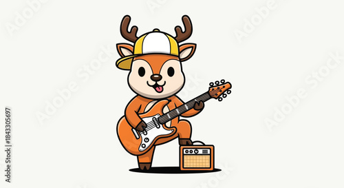 Illustration of a cartoon deer wearing a baseball cap playing an electric guitar with an amplifier on a plain white background.