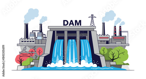 An illustration of a hydroelectric power plant with a large dam generating clean, renewable energy from flowing water.