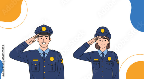 A smiling male and female police officer couple in uniform saluting, representing law enforcement and public service with pride.