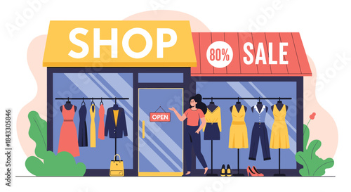 A woman shopping at a clothing store during a big sale, with an 80 percent discount sign on the shopfront window display.