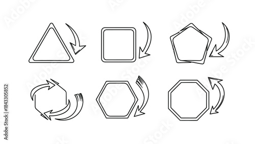 Set of geometric shape transformation icons illustrating rotation and resizing processes for design and instruction manuals