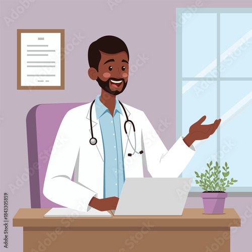 Cheerful dark skinned male doctor in a white coat, sitting at a desk with a laptop. He appears to be consulting or explaining, with medical tools and documents in the background.