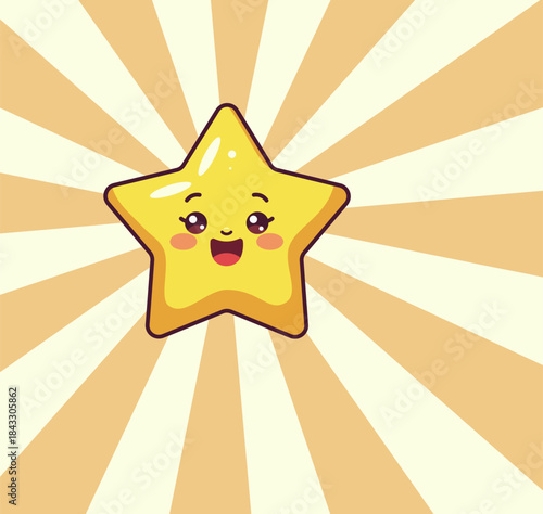 Adorable yellow star cartoon with a happy smiling face, bright eyes, and rosy cheeks. This cheerful kawaii style illustration conveys joy, positivity, and playfulness for kids and creative designs.