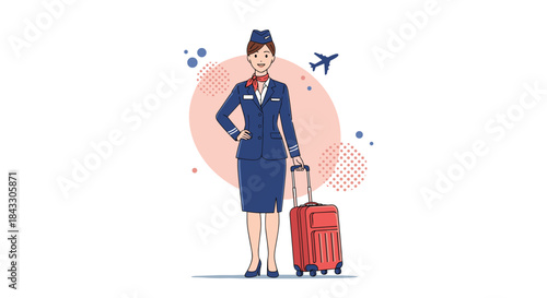 A professional and friendly flight attendant in a blue uniform standing with her trolley bag, ready for a flight with an airplane icon.