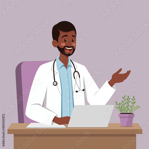 Cheerful dark skinned male doctor in a white coat, sitting at a desk with a laptop. He appears to be consulting or explaining, with medical tools and documents in the background.