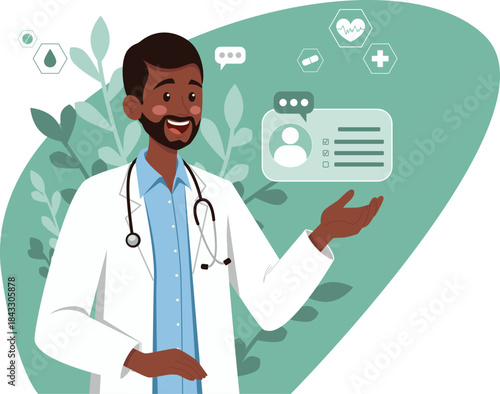 Cheerful dark skinned male doctor in a white lab coat with a stethoscope, gesturing toward digital medical icons, plants in back. Suitable for healthcare, telemedicine, and medical technology themes.