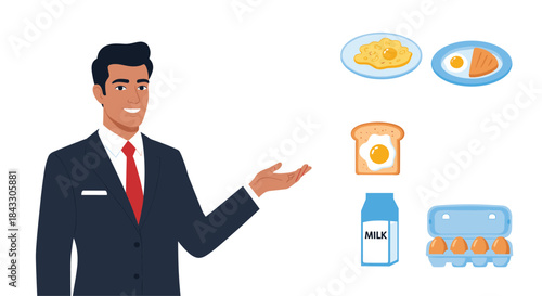 A businessman presenting a variety of healthy breakfast options, including different styles of eggs, toast, and milk.