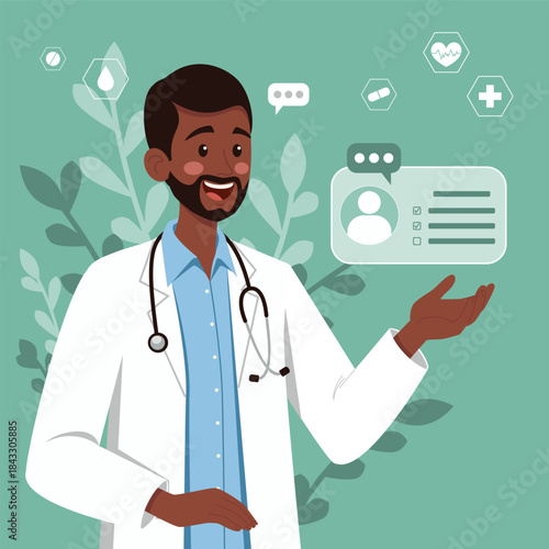 Cheerful dark skinned male doctor in a white lab coat with a stethoscope, gesturing toward digital medical icons, plants in back. Suitable for healthcare, telemedicine, and medical technology themes.