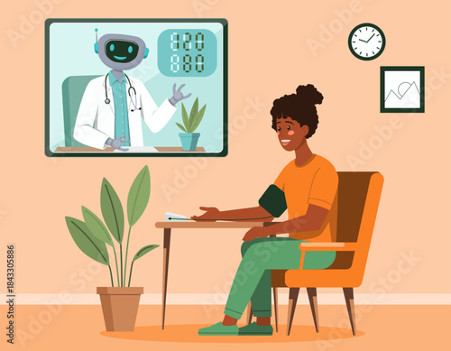 Dark skinned woman checking blood pressure at home during an online telemedicine consultation with robot virtual doctor on a computer screen, symbolizing modern digital healthcare solutions.