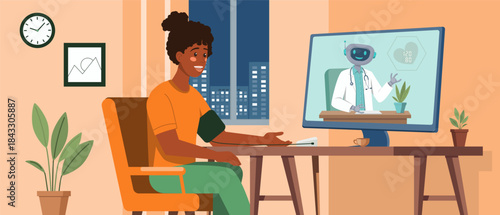 Dark skinned woman checking blood pressure at home during an online telemedicine consultation with robot virtual doctor on a computer screen, symbolizing modern digital healthcare solutions.