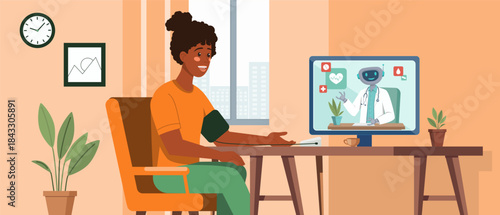 Dark skinned woman checking blood pressure at home during an online telemedicine consultation with robot virtual doctor on a computer screen, symbolizing modern digital healthcare solutions.