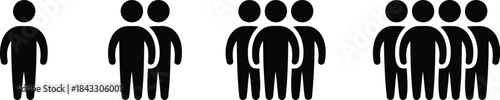 Black stick figure icons showing a single person, a pair, a trio, and a quartet of individuals