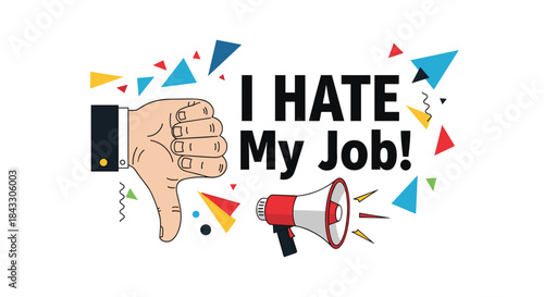 I hate my job concept with a thumbs-down gesture and a megaphone, expressing dissatisfaction and frustration with work.