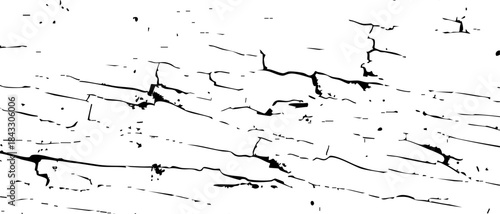 High contrast black and white texture of cracked, weathered wood surface with peeling layers and rough grain, ideal for backgrounds, overlays, and grunge design elements.