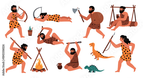 A collection of cartoon prehistoric cavemen characters in various daily life activities like hunting, making fire, and interacting with dinosaurs.