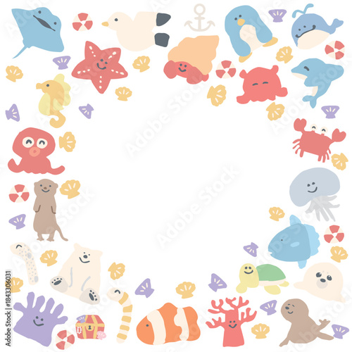 海のなかまたちシリーズ｜海の生き物 丸フレームイラスト / Sea Friends Series – Marine Animals Circle Frame Illustration